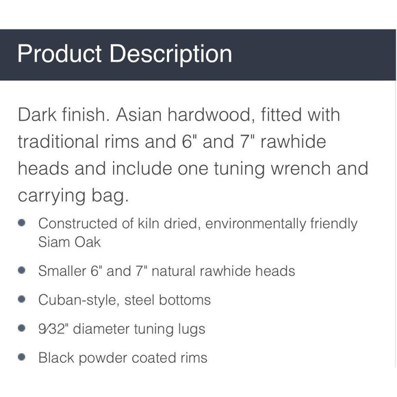 CP Latin Percussion Bongo Drums 6" and 7" Siam Oak Rawhide Heads Natural Finish - Picture 2 of 16